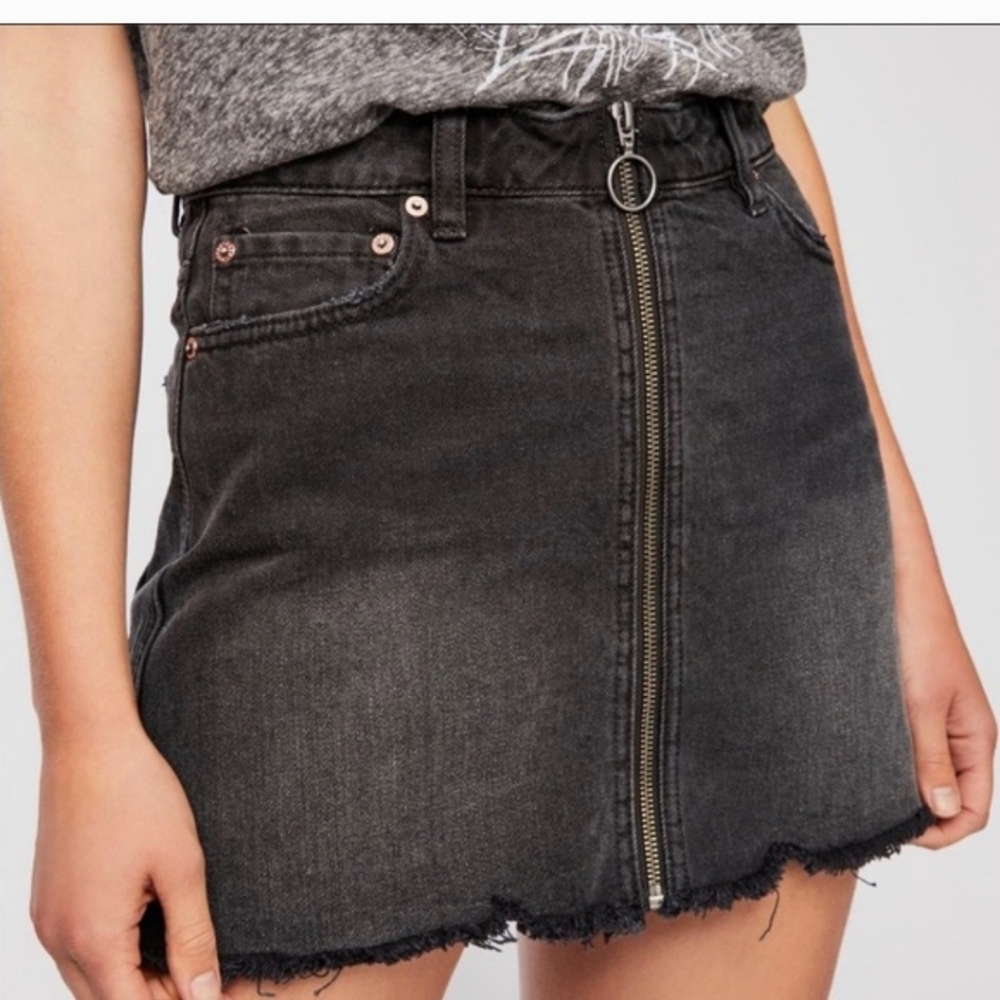 We The Free Washed Black Zip-Front Denim Mini Skirt